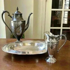 3 Piece Wm Rogers & Son Guild-Cadence Coffee Pot,  Bowl, Creamer Silverplate